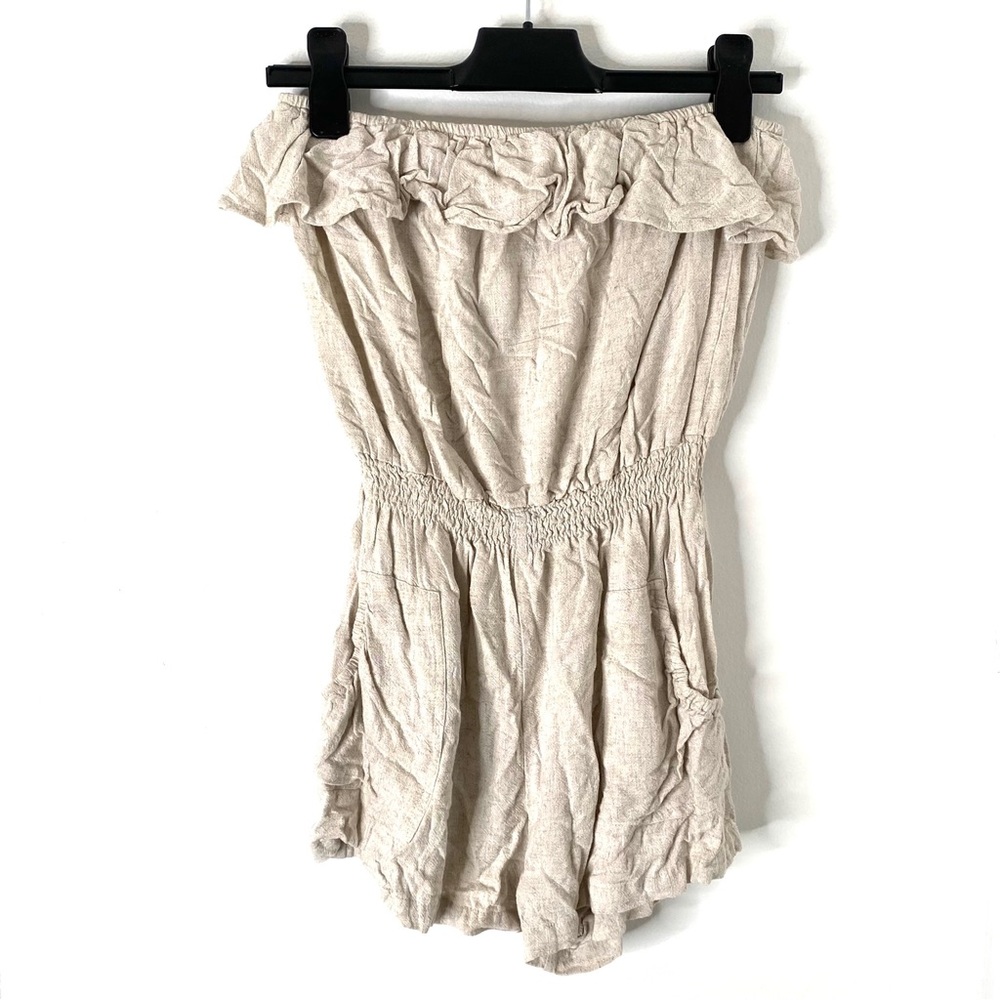 Promesa Linen Blend Beige Ruffled Sleeveless Romper Elastic Waist Pockets Summer